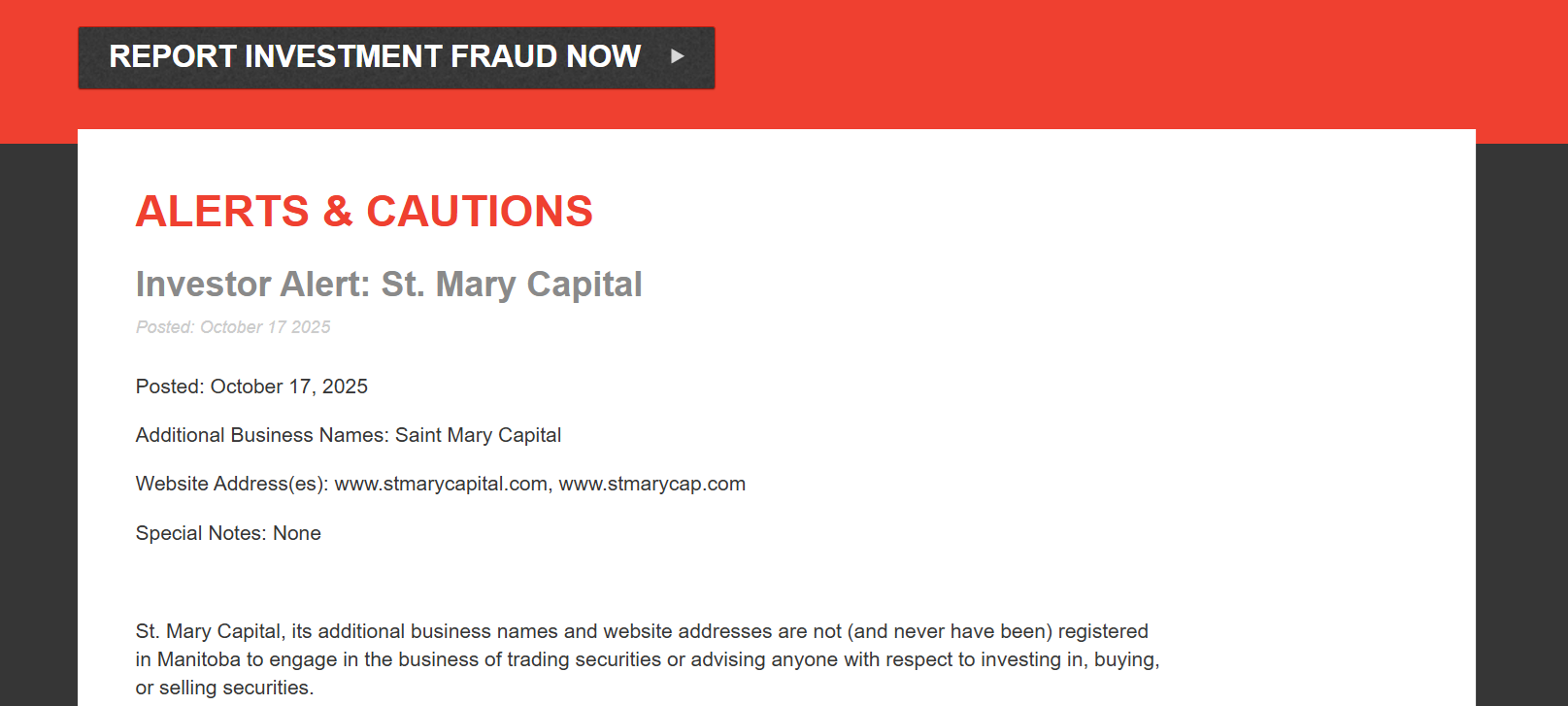 Saint Mary Capital alerts